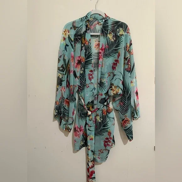 Cacique Lane Bryant 18/20 Sheer Blue Floral Tropical Robe - Picture 1 of 6